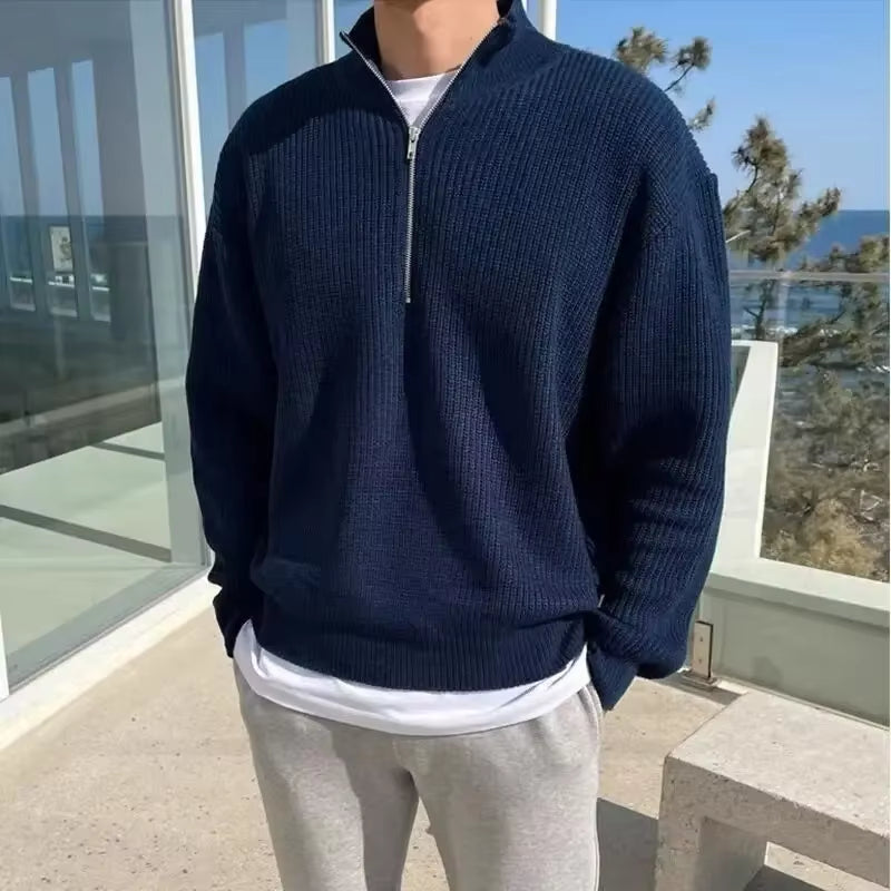 Autumn Winter Stand-Up Collar Half-Zip Sweater Men'S Handsome Loose Casual High Street Sweaters Men Pullovers Male Clothes