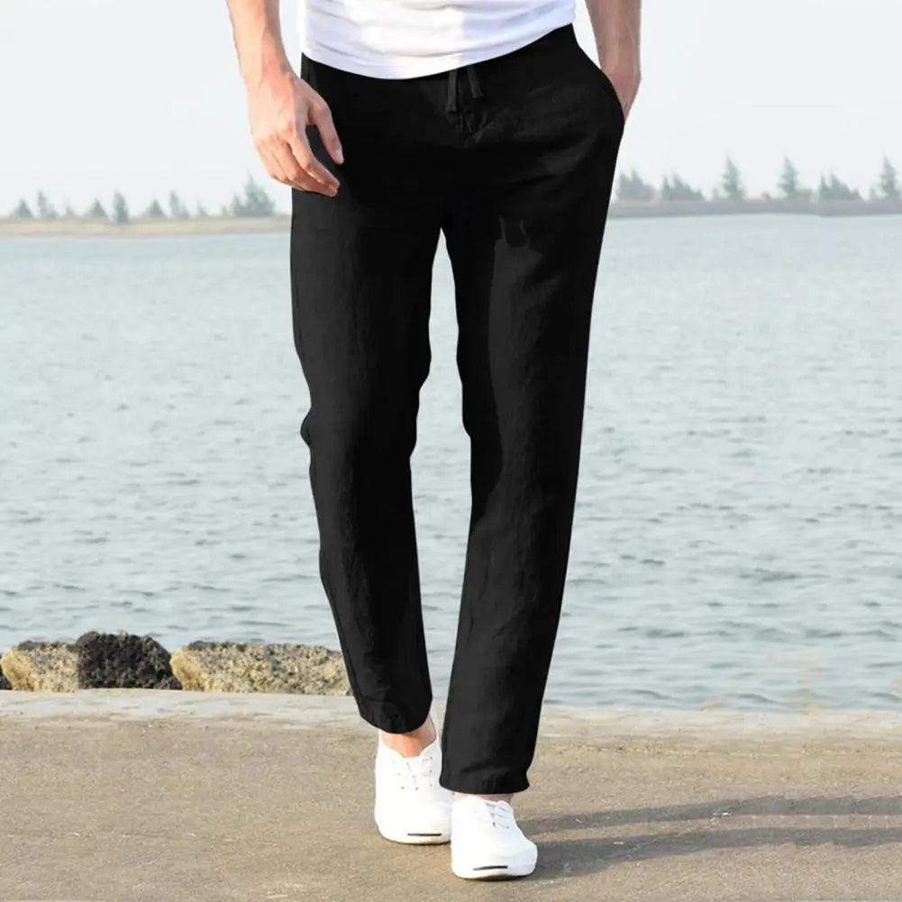 Men'S High Waist Trausers Summer Pants Clothing Novelty 2021 Linen Loose Cotton Elastic Band Thin Work Vintage Wide Legs Pants