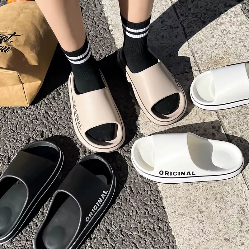 Women Letter Slippers Beach Slides Solid Color Mens Thick Sole Indoor Bathroom anti Slip Shoes Summer Couple Sandals